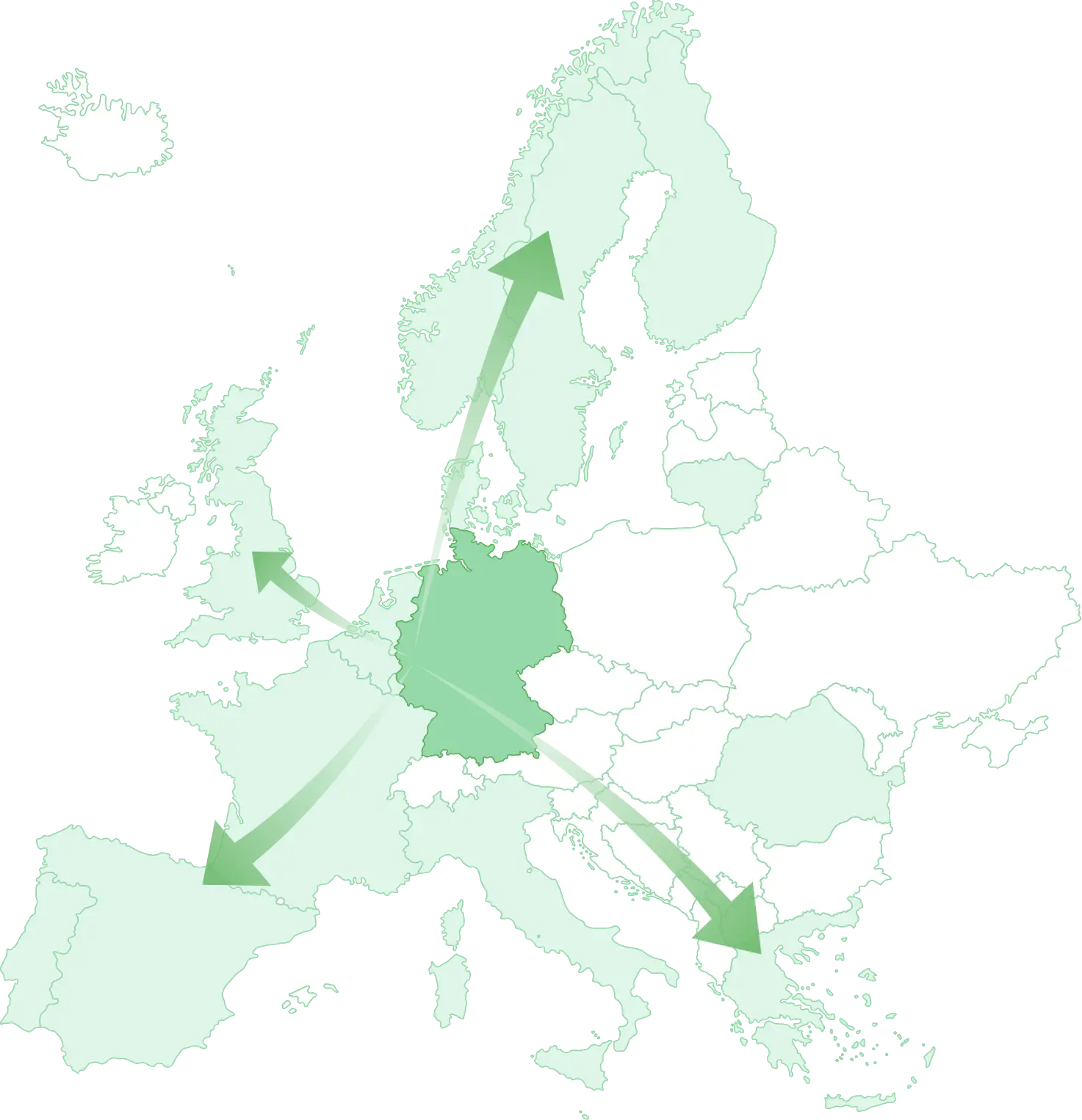 Karte von Europa mit Pfeilen die in verschiedene Richtungen zeigen.